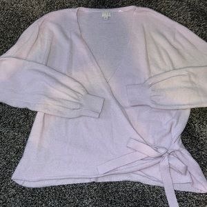 pink wrap sweater with bubble sleeves